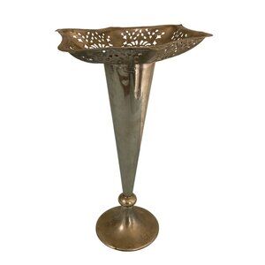Large Ruffled Pierced Rim Tapered Silverplate Flower Vase